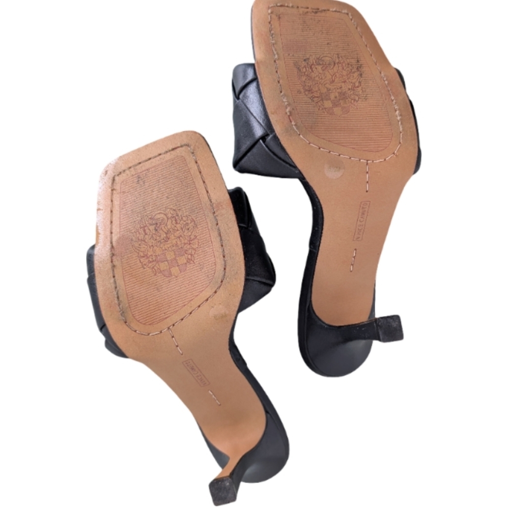 Vince Camuto Brelaine Black Leather Woven Slide Sandals Heels Size 6.5 Excellent - Picture 9 of 9